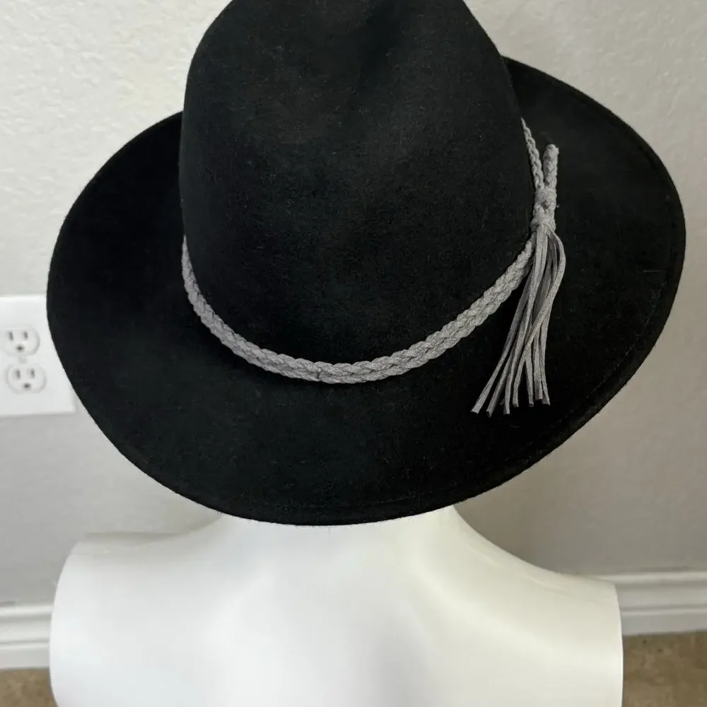 Vintage Y2K Lucky Brand Wool Fedora Hat Braided Fringe Leather Band Black